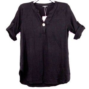 Lienridy Shirt Womens Medium Black Roll Tab Sleeve Henley Blouse